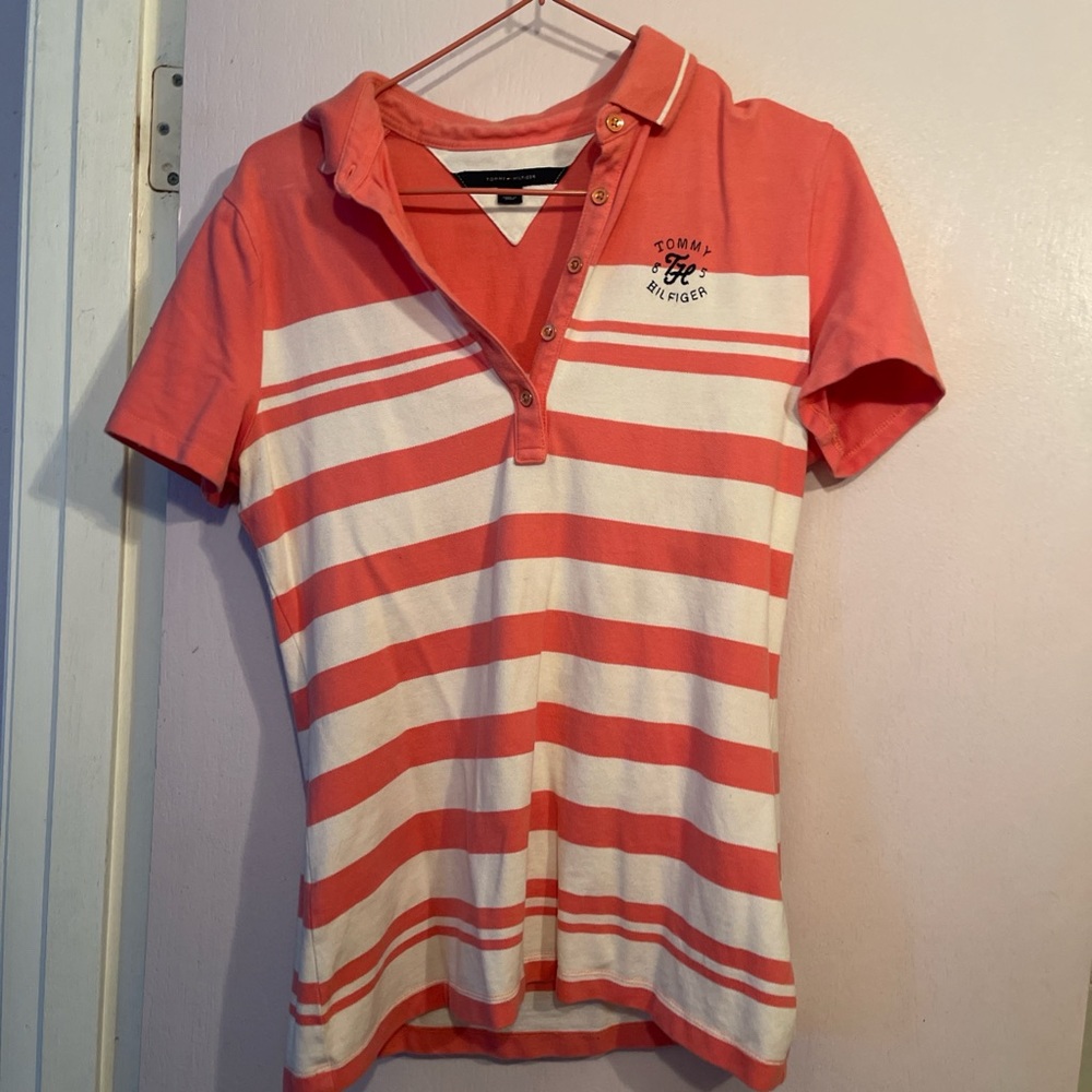 Tommy Hilfiger Pink and White Striped Polo